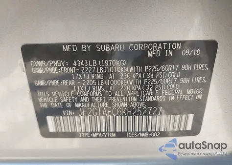 2019 Subaru Crosstrek 2.0I Premium z USA, uszkodzony, nr VIN JF2GTAEC6KH252727